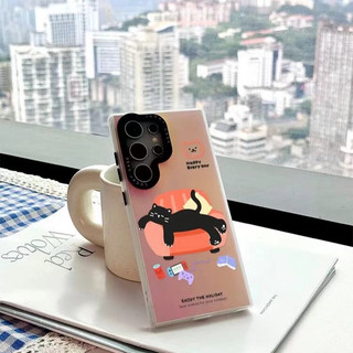Happy Black Lazy Cat Casing Cho Samsung s22 s22plus ultra Case Brown Puppy Pattern S23 S23Plus s23fe s24 s24plus s24ultra Ốp điện thoại