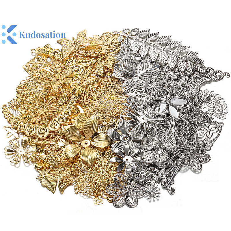 Kudosation 50g / lốc Hỗn Hợp Kim Loại Hoa Lá Filigree Quấn Kết Nối Mặt Dây Chuyền Hạt Mũ Ch Cho DIY Trang Sức Làm Đồ Thủ Công