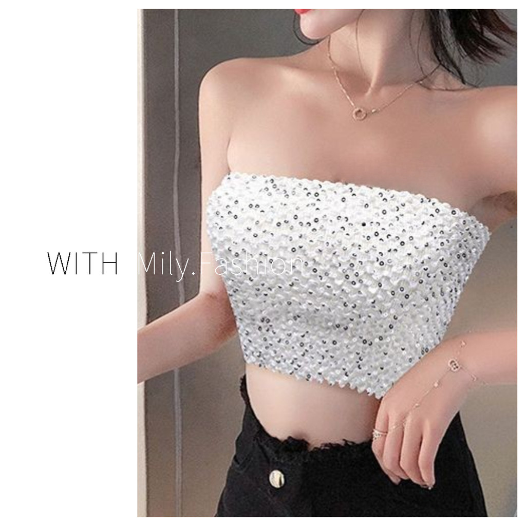 Milyfashion Sequined Tube Top Hot Girl Style Strapless Outer Short Top