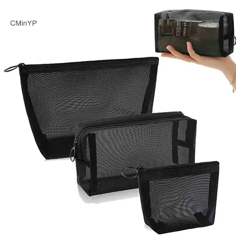 Cminyp Lưới Trong Suốt Túi Đựng Mỹ Phẩm Nhỏ Lớn Màu Đen Túi Trang Điểm Di Động Du Lịch Vệ Sinh Tổ Chức Hộp Đựng Môi Túi Bảo Quản Vinh Quang