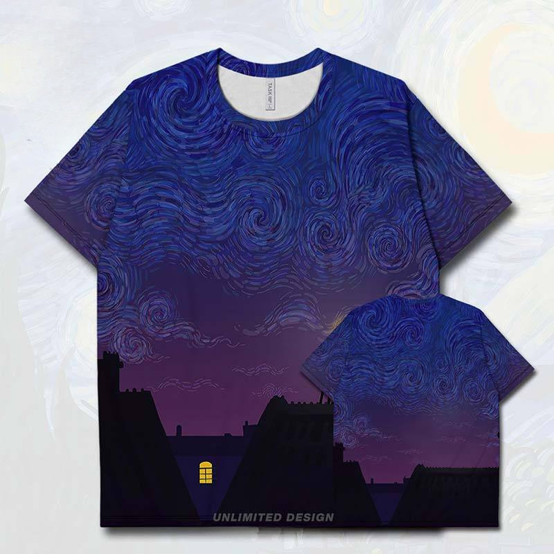 Retro Van Gogh bầu trời đầy sao đêm đầy sao phi hành gia cộng với kích thước nhanh khô Áo Thun 2024 Mùa Hè-mới