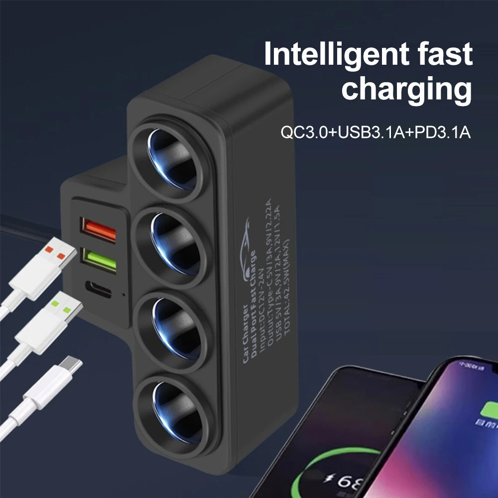 Bộ chuyển đổi bật lửa thuốc lá ô tô 120W 4 in1 12V / 24V Ổ cắm USB QC3.0 PD3.1A Bộ sạc nhanh ô tô Cắm chuyển đổi điện trên ô tô Sạc nhanh cho tất cả các điện thoại