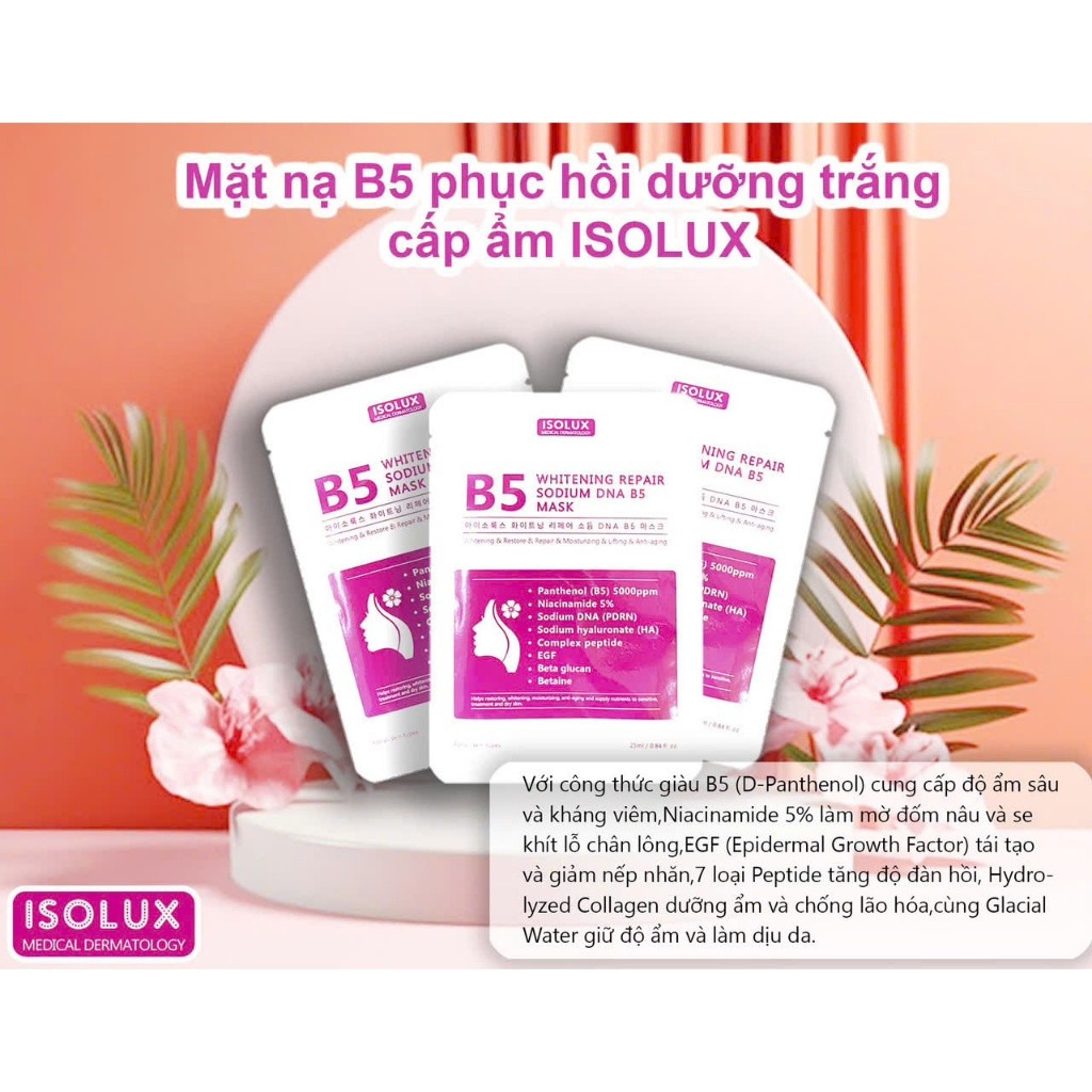20 miếng Mặt nạ B5 ISOLUX Whitening repair sodium DNA HQ giúp dưỡng trắng  chống nhăn mask 25ml hạn 2029 IS95