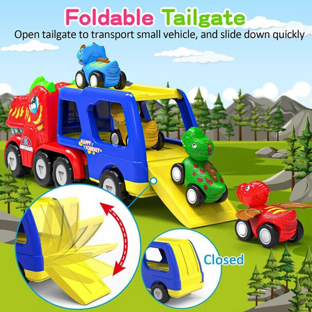 Dinosaur Truck Toy With 4 Pull-Back Cars - Transport Carrier With Lights & Sounds For Boys 3-5