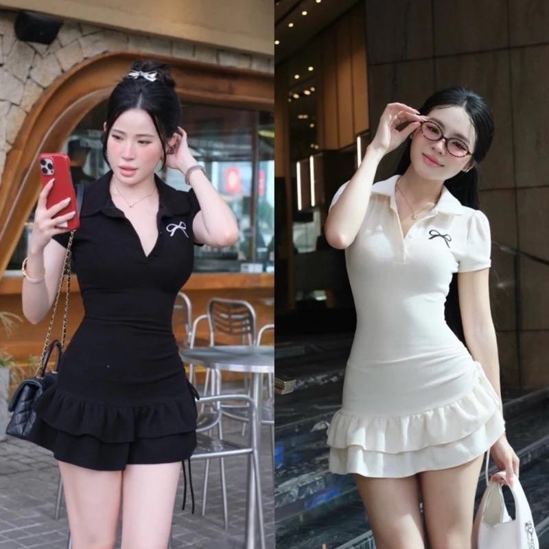 Đầm xoè ngắn nữ cổ polo thêu nơ KÈM QUẦN Đ555