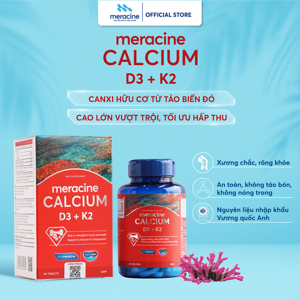 Canxi hữu cơ từ tảo biển đỏ Meracine Calcium D3K2 giúp xương, răng chắc khỏe, hỗ trợ phát triền chiều cao (Hộp 60 viên) | BigBuy360 - bigbuy360.vn