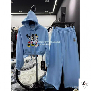 Trang phục thường ngày phong cách Hàn, cỡ lớn, thu đông 2026, dành cho nữ trẻ, phong cách Mickey, dáng rộng có mũ, lót nhung, quần ống rộng.
