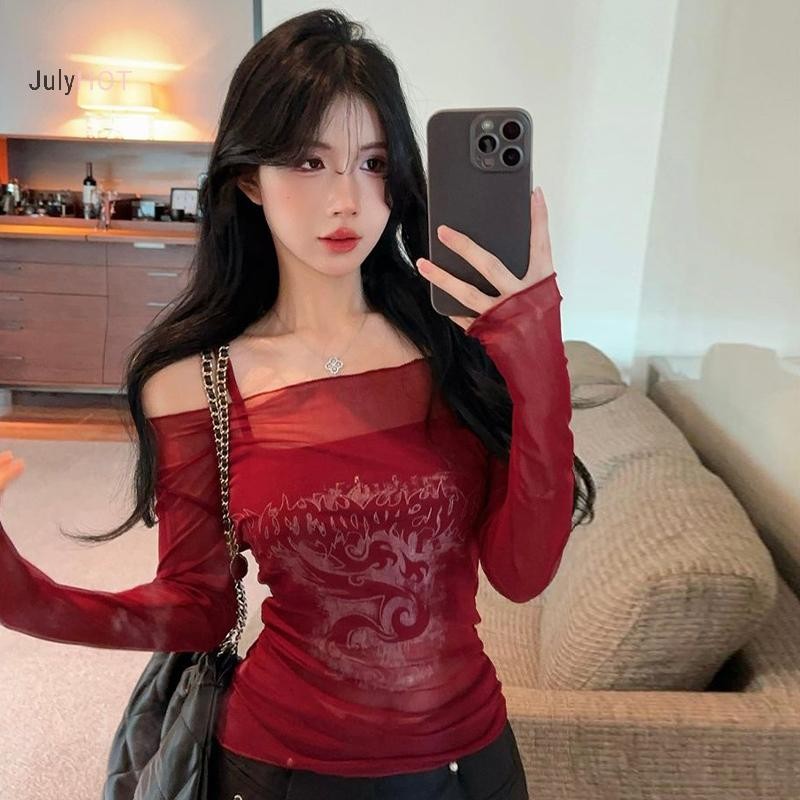 Áo thun nữ lưới mỏng ngoài vai retro gothic, tay dài gợi cảm, phù hợp mùa hè