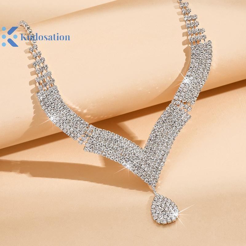 Kudosation 2 Chiếc Thời Trang Kim Cương Giả Dây Chuyền Bông Tai Bộ Trang Sức Nữ Cưới Phụ Kiện Quà Tặng