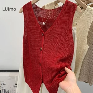 Áo Vest Nữ Mùa Hè Hàn Quốc, Bằng Cotton và Vải Lanh, Cổ Chữ V, Màu Trơn