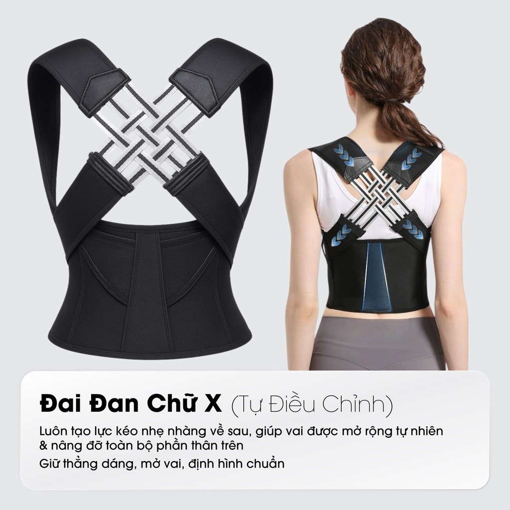Đai Chống Gù Chữ X Nâng Cấp - Cố Định Cột Sống Ngực, Thắt Lưng, Dành Cho Người Ngồi Nhiều - DG03