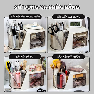 Kệ Đựng Mỹ Phẩm Xoay 360 Độ - Hộp Đựng Đồ Trang Điểm Để Bàn, Kèm Ngăn Kéo Đựng Trang Sức Tiện Lợi
