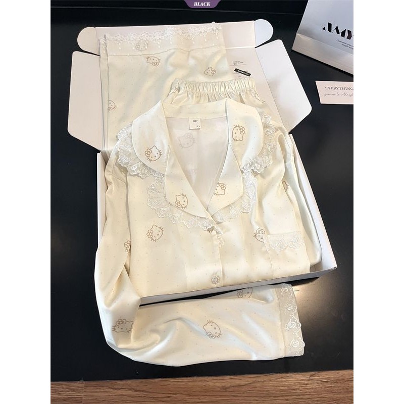Bộ Đồ Ngủ Nữ Xuân Thu Hello Kitty Ren Dài Tay - Phong Cách Ins