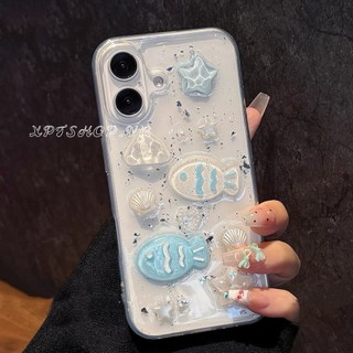 3D Ngôi Sao Xanh Cá Bạc Lá Nhựa Ốp Lưng Điện Thoại iPhone 17 Pro Max 16 15 14 13 12 11 Vỏ Bảo Vệ Chống Sốc