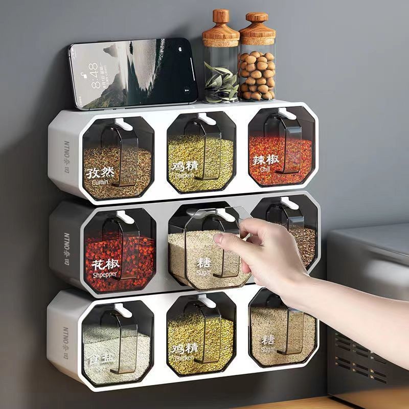 Hộp đựng gia vị nhựa treo tường nhà bếp, kết hợp bột ngọt gia dụng và gia vị