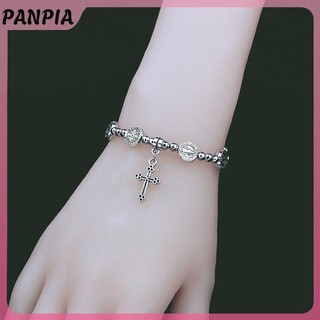 PANPIA-Retro Màu Bạc Thánh Biểu Tượng Tôn Giáo Chúa Giêsu Thánh Giá Đính Hạt Vòng Tay Công Giáo Cơ Đốc Trang Sức Mân Côi Quà Tặng