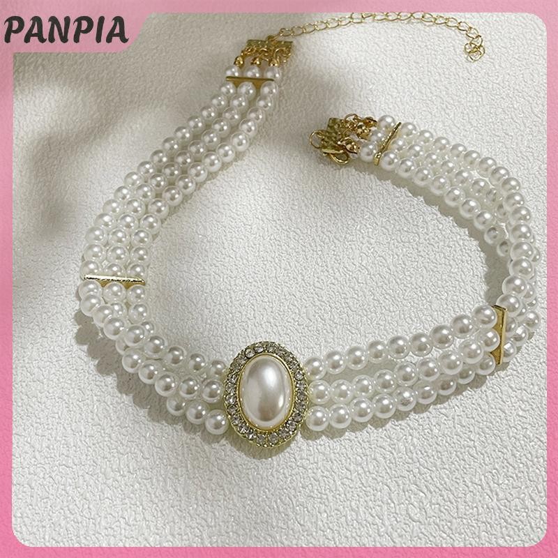 PNPIA-Pháp Retro Hương Thơm Nhỏ Ba Lớp Ngọc Trai Vòng Cổ Flash Ngọc Trai Váy Cưới Xương Đòn Dây Xích Nữ Cổ