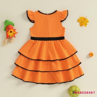 MG-Toddler Girl Halloween Dress Tay Bay Cổ Tròn Bí Ngô In Váy Ngày Lễ Cho Bé