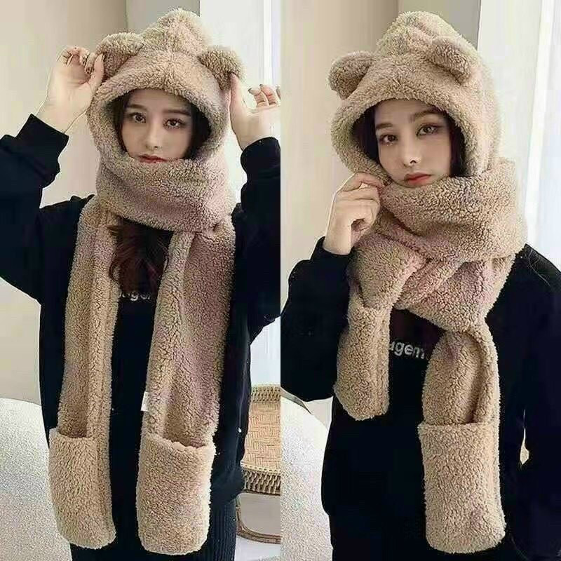Mũ lông cừu tai gấu kèm khăn quàng cổ và găng tay ấm áp ulzzang Hàn quốc