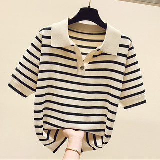 Rời Ôm Hơn Nhìn POLO Cổ Sọc Băng Lụa Đan Áo Thun Nữ Tay Ngắn Nút Mùa Hè Top