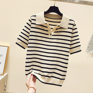 Rời Ôm Hơn Nhìn POLO Cổ Sọc Băng Lụa Đan Áo Thun Nữ Tay Ngắn Nút Mùa Hè Top