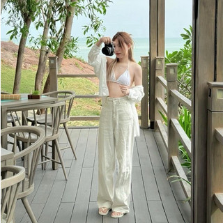 Set 3 Món: Áo Sơ Mi Oversize + Bra 2 Dây + Quần Cạp Cao Ống Suông Cao Cấp