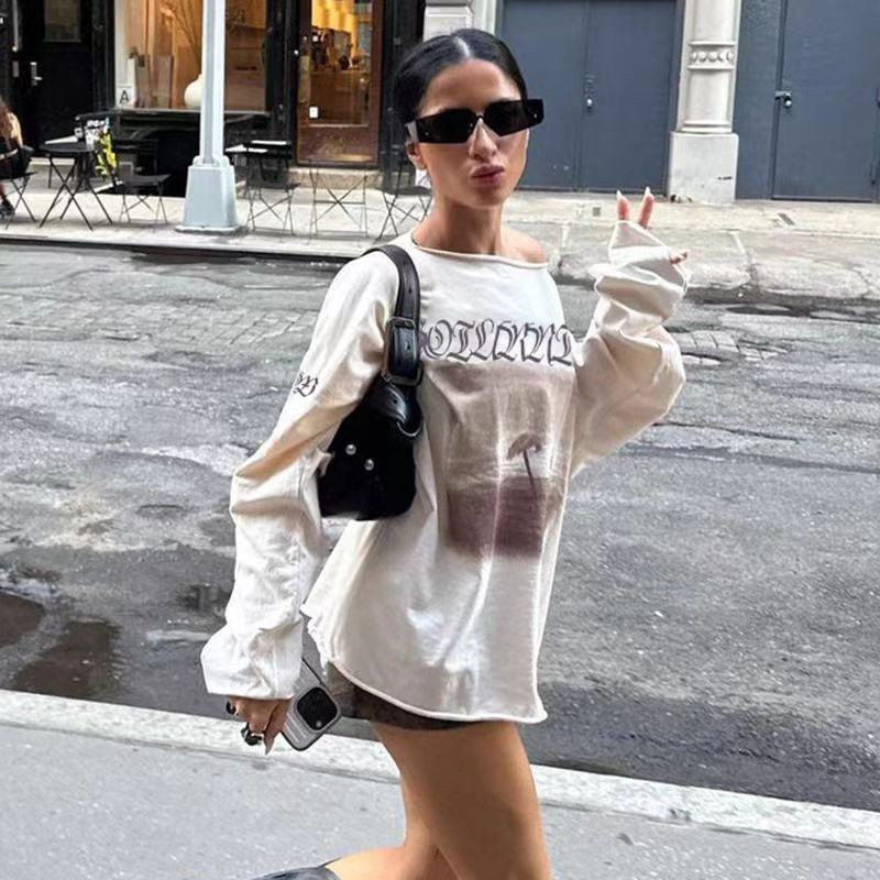 Áo thun Klalien dài tay lệch vai Hip Hop In dáng rộng thời trang hợp thời trang mùa hè Phụ nữ mới
