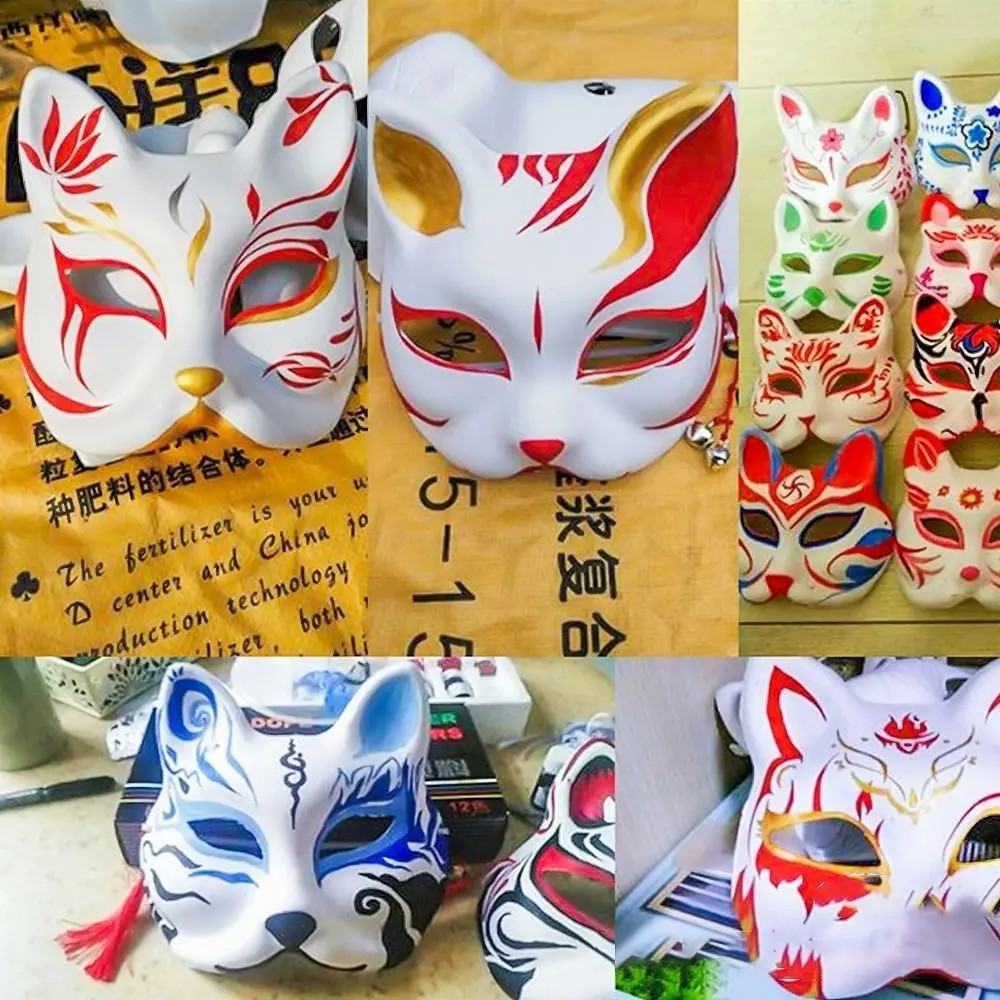 2 / 5 Cái Mặt nạ cáo Halloween - Mặt nạ nửa mặt - Mặt nạ tự làm Nhật Bản - Mặt nạ Therian Mặt nạ mèo trắng - Mặt nạ cáo mèo vẽ tay nửa mặt - Mặt nạ Cosplay lễ hội Halloween