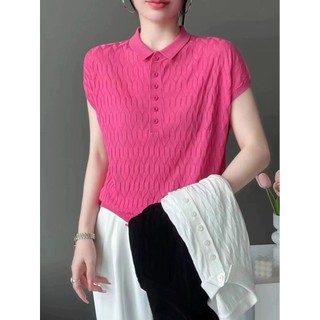 Áo len chui đầu kim cương có ve áo cao cấp 2024 Mùa hè Phong cách mới Slimer Look Loose Top