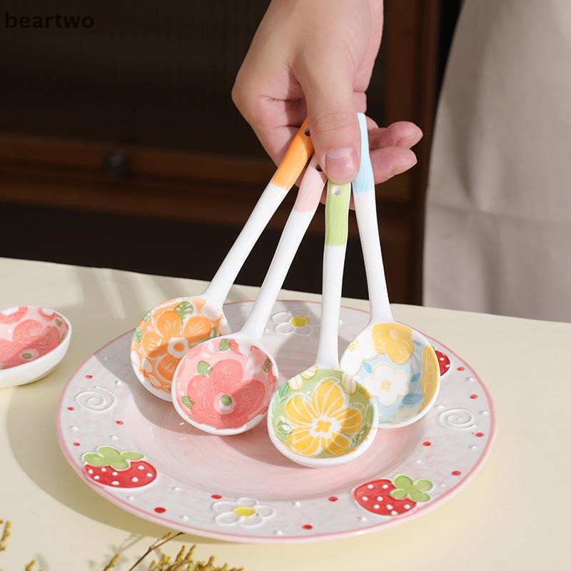 < Beartwo > Muỗng Ăn Gốm Hoa Dễ Thương Hàn Quốc Kem Sơn Tay Cà Phê Món Tráng Miệng Tay Cầm Dài Thìa Đẹp Phụ Kiện Nhà Bếp