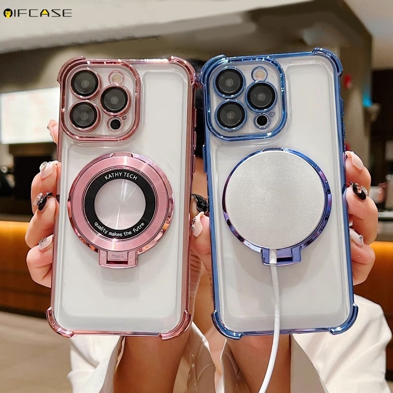 Dành Cho Xiaomi 14 13 13T 12T Pro Xiaomi14 Ốp Điện Thoại Có Phim Ống Kính Giá Đỡ Từ Tính Mạ Sáng Bóng Trong Suốt Bốn Góc Vỏ Mềm Chống Sốc