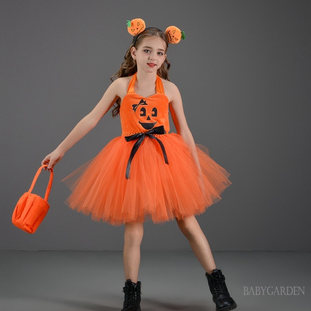 Baga-halloween Trang Phục Bí Ngô Cho Bé Gái 2-12 Tuổi Váy tuyn Không Tay Dễ Thương + Bộ Túi Đeo Đầu Trang Phục Hóa Trang