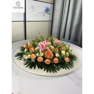 Hoa đặt giữa bàn tròn khách sạn, hoa giả, hoa trang trí, hoa giả, hoa lụa, bàn xoay khách sạn, hoa trang trí bàn bàn họp