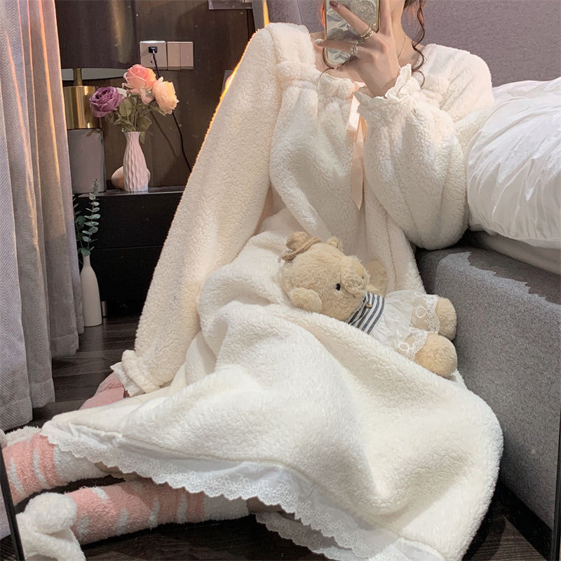 Ngọt Ngào Phong Cách Công Chúa Váy Ngủ Nữ Mới Ấm Áp Dày Lông Cừu Bộ Đồ Ngủ Mùa Đông Phong Cách Hàn Quốc Nữ Sinh Phù Hợp Với homewear