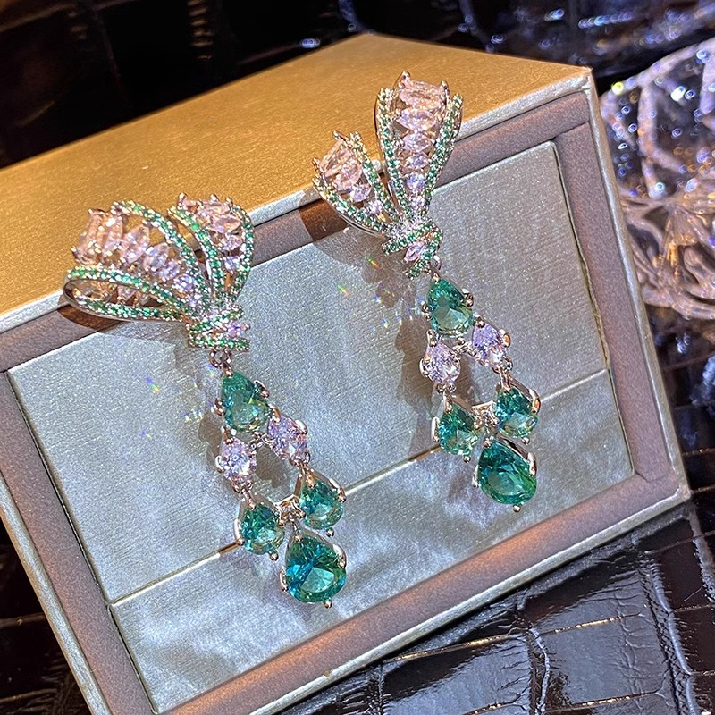 Bông tai thả nước nơ kim cương xanh Tính khí Thanh lịch sang trọng Bạc kim Zircon Bông tai
