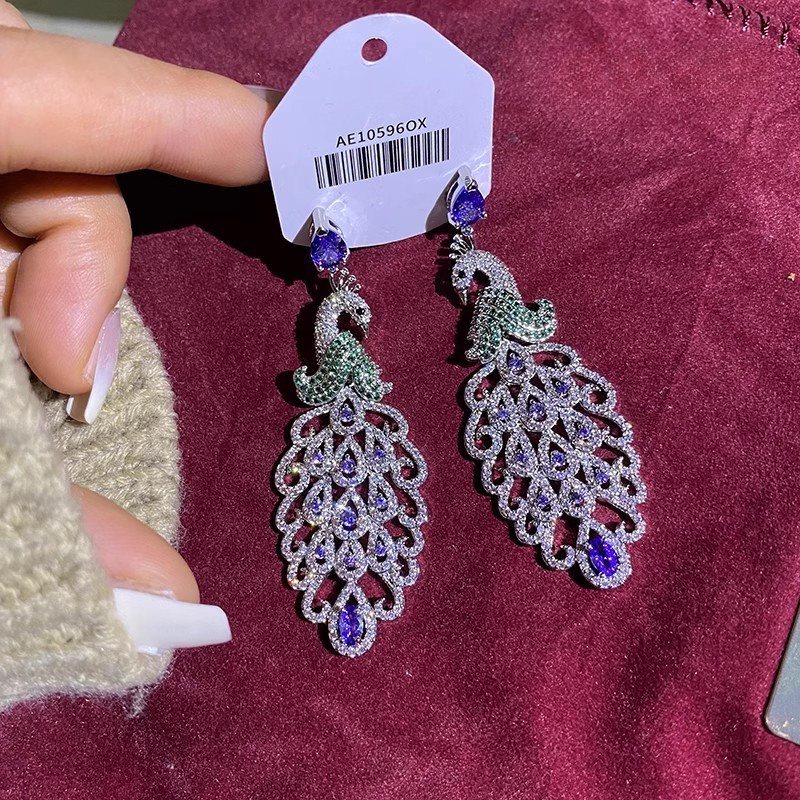 Phong Cách Mới Hình Con Công Zircon Thời Trang Ánh Sáng Bông Tai Sang Trọng s925 Bạc Kim Bông Tai Tinh Tế