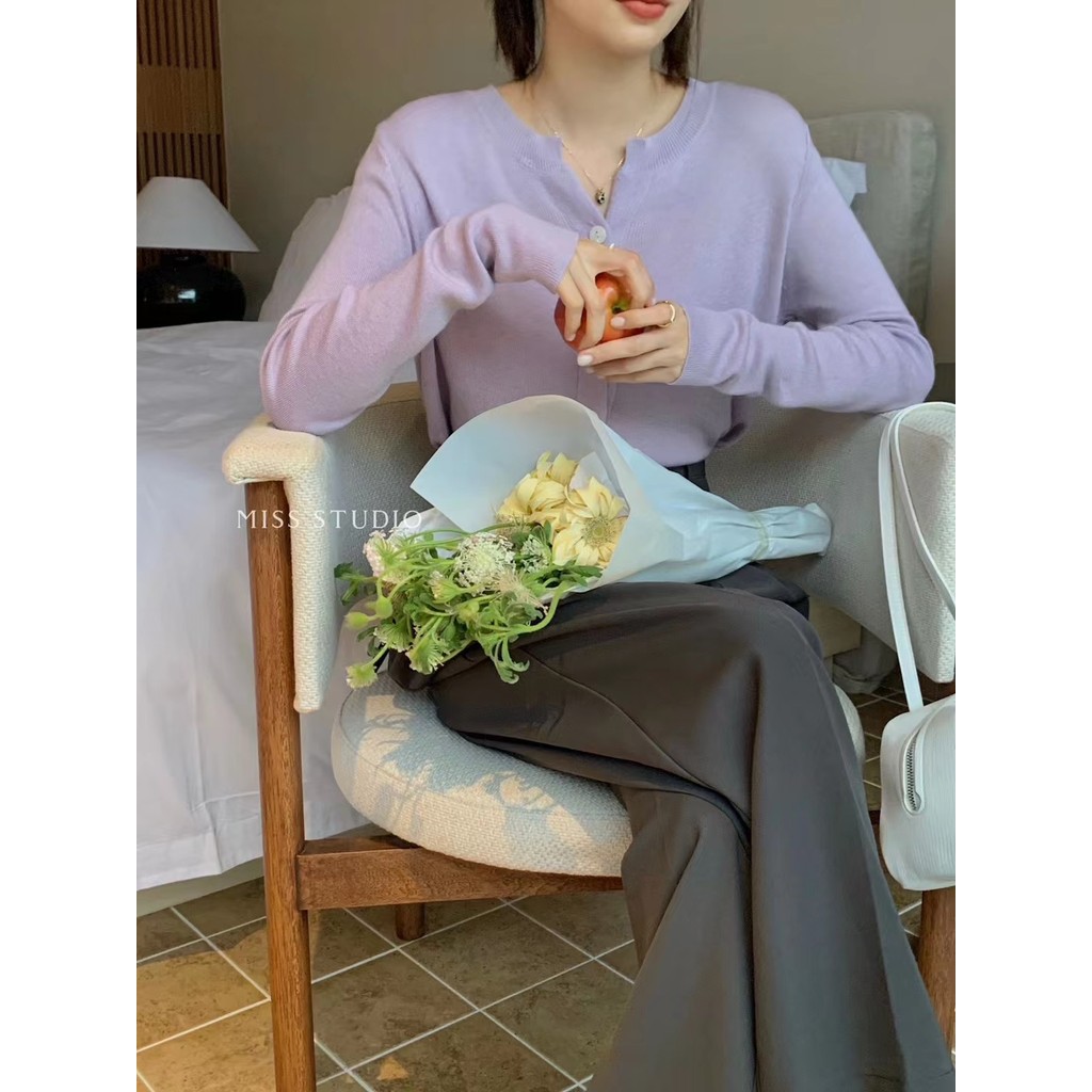 Suxi Thu Đông Mới Pháp Retro Cổ Tròn Dài Tay Dệt Kim Cardigan Áo Len Nữ 240901