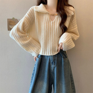 Áo len dáng ngắn màu trắng áo dệt kim dáng nhỏ cổ chữ V phối bên trong mẫu mới mùa thu đông cho nữ