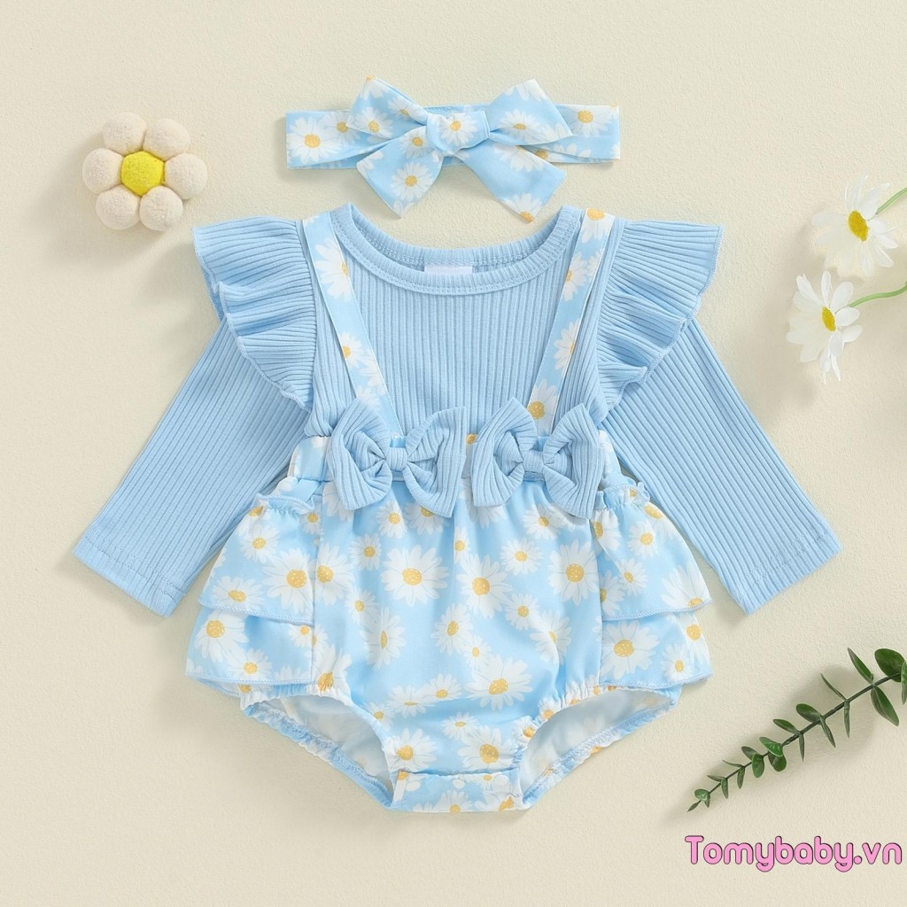 Bộ áo liền quần dài tay có gân mùa thu cho bé gái + Bộ băng đô