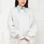 YOI Nữ Nút Lên Nửa Áo Crop Denim Ve Áo Giả Cổ Lớp Áo