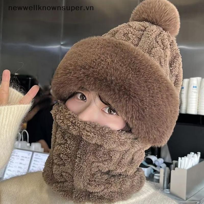 Mũ len xoắn kèm khăn quàng cổ quả bông giữ ấm cổ tai kín mặt