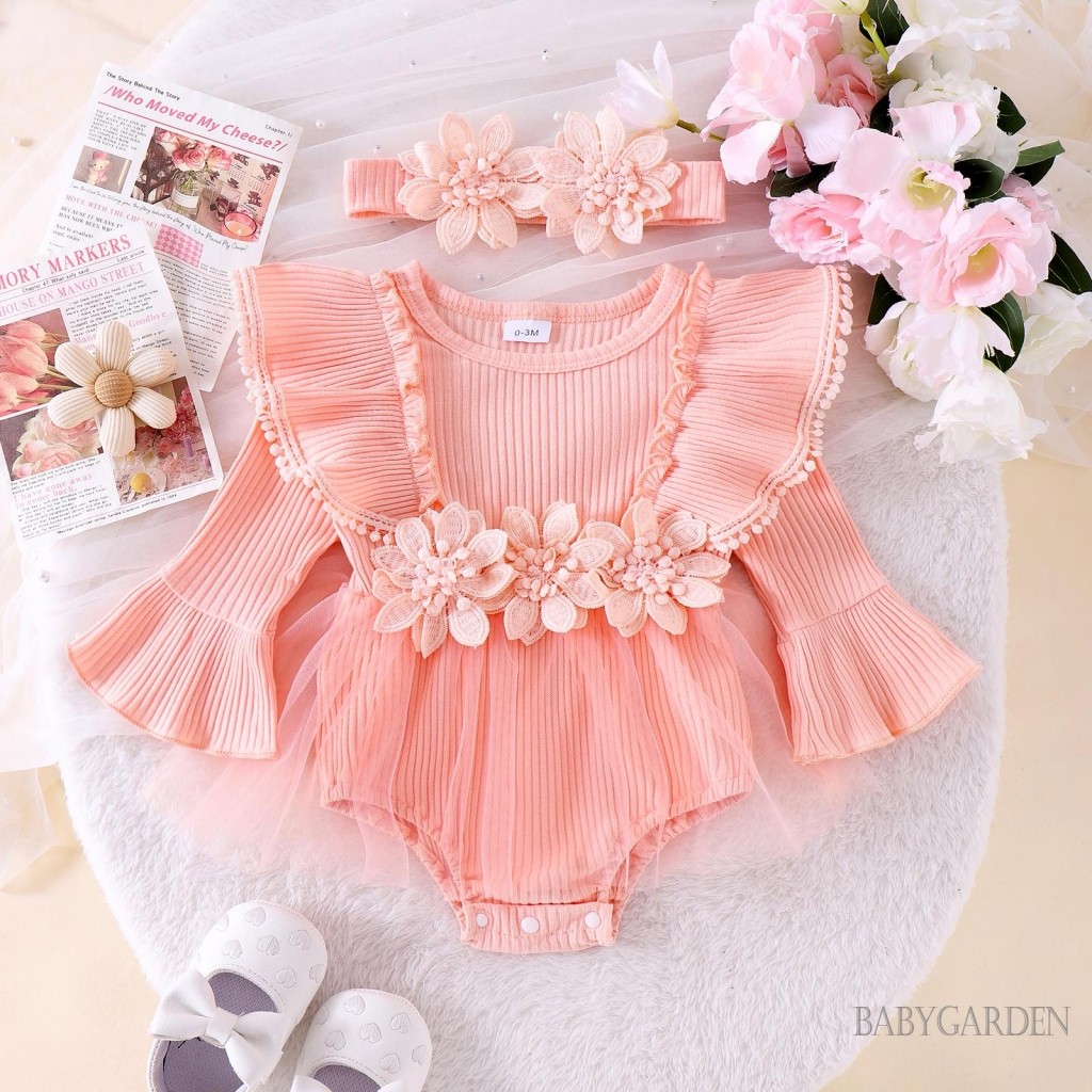 / / -Bộ Áo liền quần bé gái có băng đô 3D hoa dài tay vải tuyn viền quần áo mùa thu sơ sinh