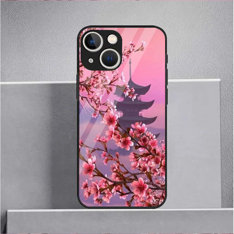 Ốp Điện Thoại Kính Cường Lực Hoa Anh Đào Cho IPhone 15 14 13 12 11 Pro XS Max Plus Mini X XR 8 7 6s SE2 / 3