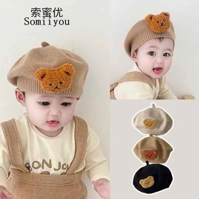 Mũ nồi len họa tiết ĐÍNH GẤU thêu phong cách Hàn Quốc đáng yêu cho bé 0-4 tuổi nhiều màu