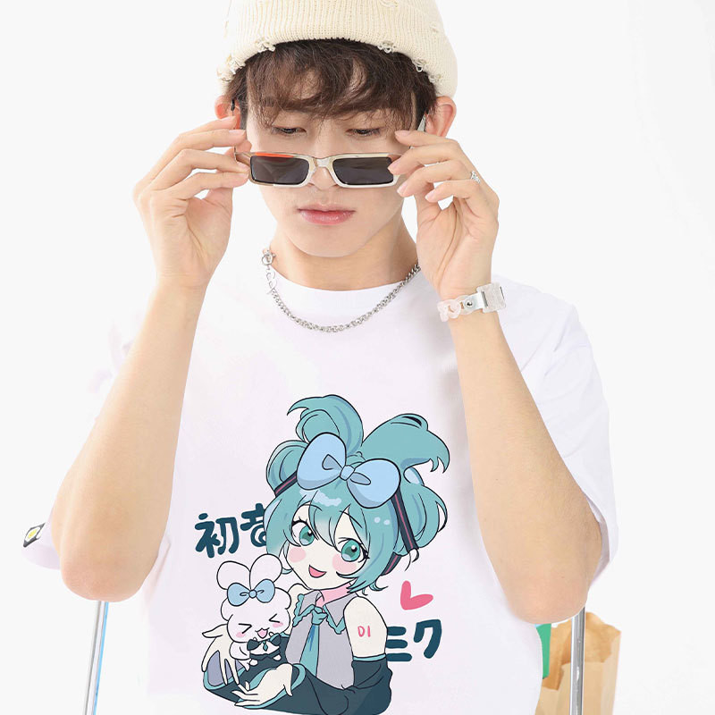 Áo thun cỡ lớn cotton in Hatsune Miku Cinnamon Dog dáng rộng cổ tròn mùa hè, phù hợp cho nam nữ, cặp đôi mặc