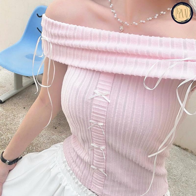 Áo Nữ Kiểu Trễ Vai Đính Nơ DaaLaa Store Phong Cách Coquette A51092