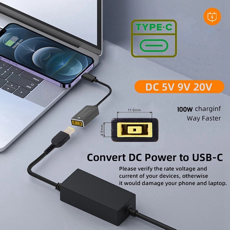 Pd100w cho Cáp sạc chuyển đổi Lenovo DC Square Jack sang USB Type-C Tương thích với bộ sạc máy tính xách tay Lenovo