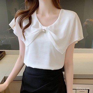 Mùa Hè 2025 Hàng Mới Về Nữ Áo Voan Tay Ngắn Có Nơ Chi Tiết Giảm Béo Và Mỏng Phong Cách Top