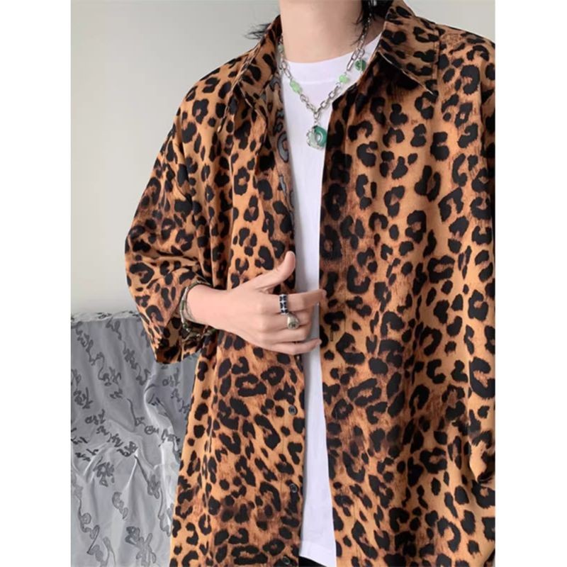 CN Vintage Cổ Cuba Cổ Da Báo In Áo Sơ Mi Tay Ngắn Nam Nữ, Hợp Thời Trang Rời Phù Hợp Với Mùa Hè Top