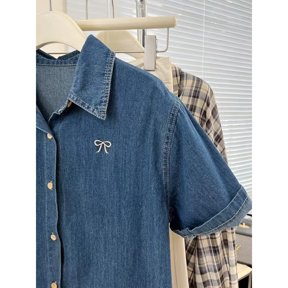 SUXI Áo sơ mi Denim ngắn tay thêu màu xanh đơn giản cho nữ mùa hè mới 250708